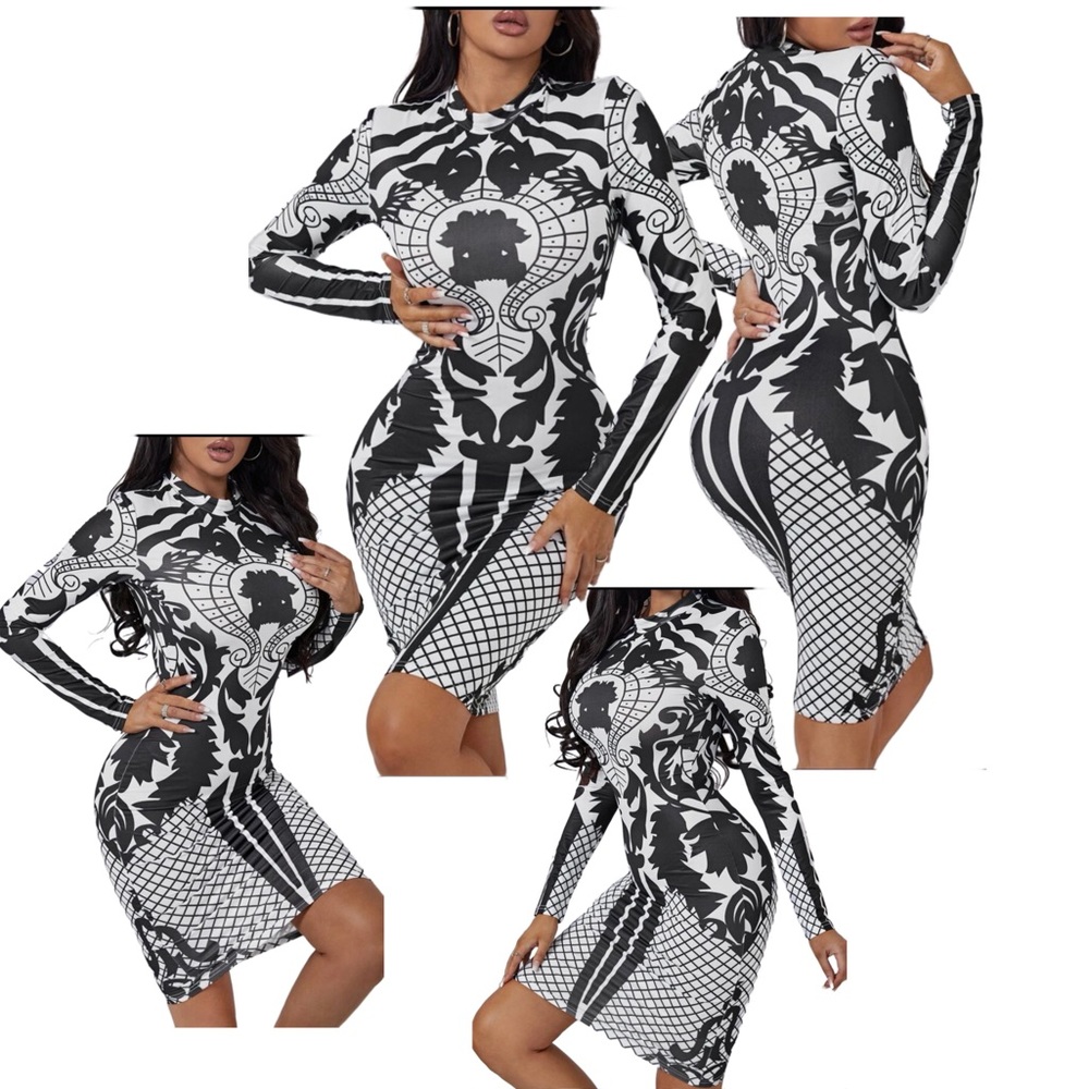Geo & Argyle Print Mock Neck Bodycon Dress